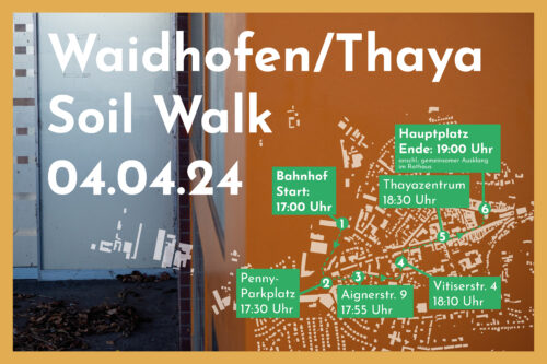 Einladungskarte für eine Veranstaltung am 04.04.24 in Waidhofen. Es sind eine Karte und verschieden Stops eines Soil Walks darauf zu sehen.