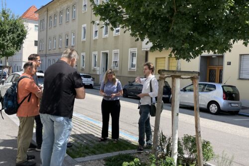 Eine Kleingruppe steht am Straßenrand im Schatten eines Baumes und redet miteinander.