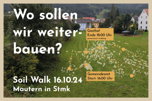 Einladungskarte für eine Veranstaltung am 16.10.24 in Mautern. Es sind eine Karte und verschieden Stops eines Soil Walks darauf zu sehen.