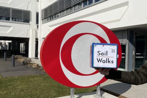 Jemand hält den Soil Walks Würfel vor das ORF Logo.